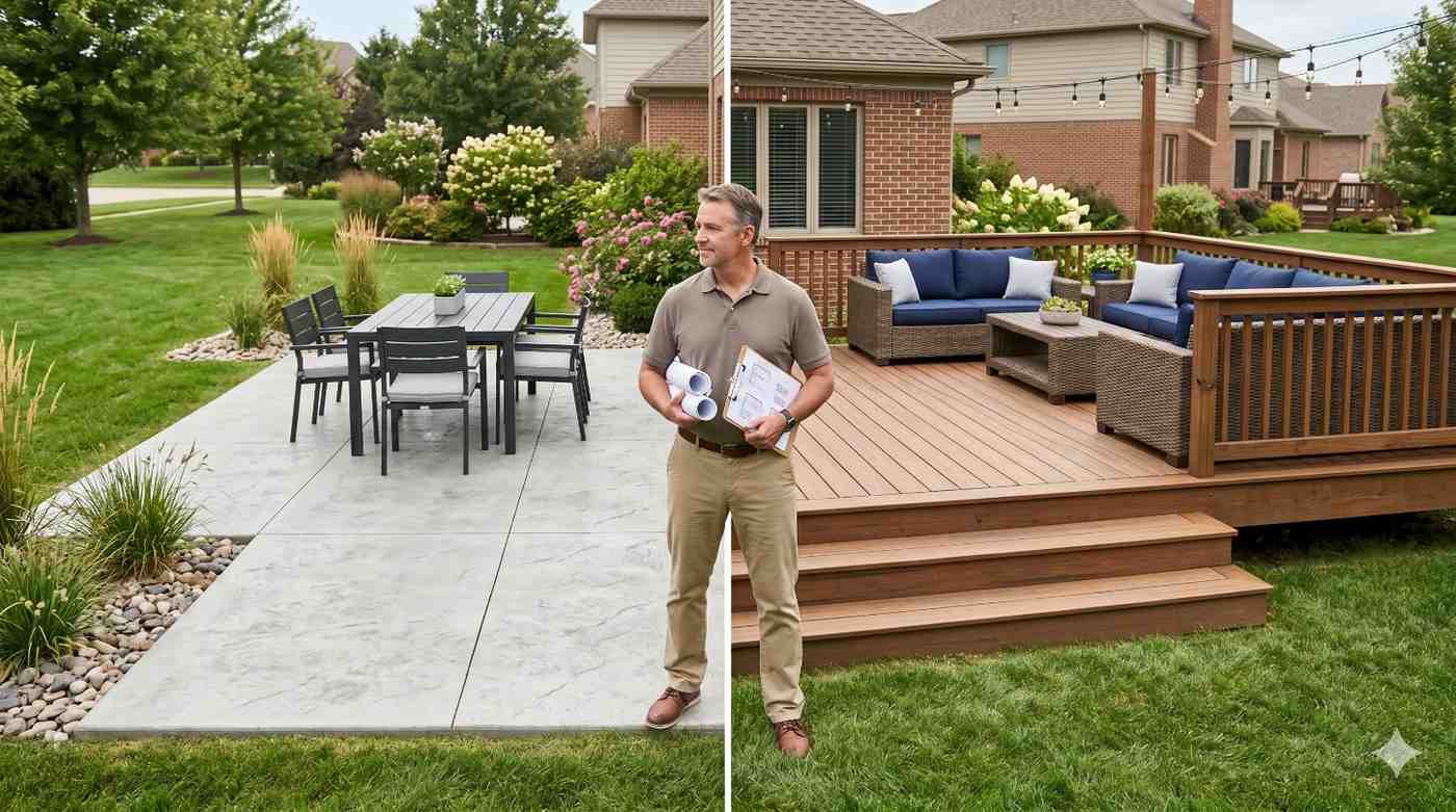 Split-image comparison showing two backyard outdoor living options beside a suburban home. One side features a stamped concrete patio with dining furniture, while the other showcases an elevated wooden deck with steps, railing, and cushioned seating. A homeowner holding plans stands between both designs, illustrating patio-versus-deck choices.
