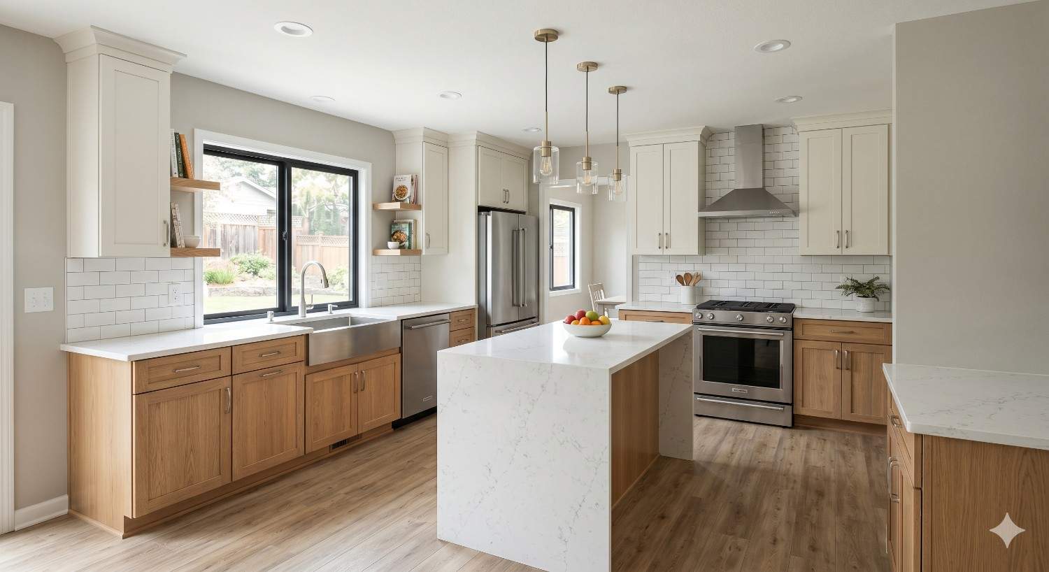 Bright modern kitchen with white countertops, natural wood cabinetry, stainless steel appliances, subway tile backsplash, and a large center island. Pendant lighting and open shelving enhance the clean, contemporary design.
