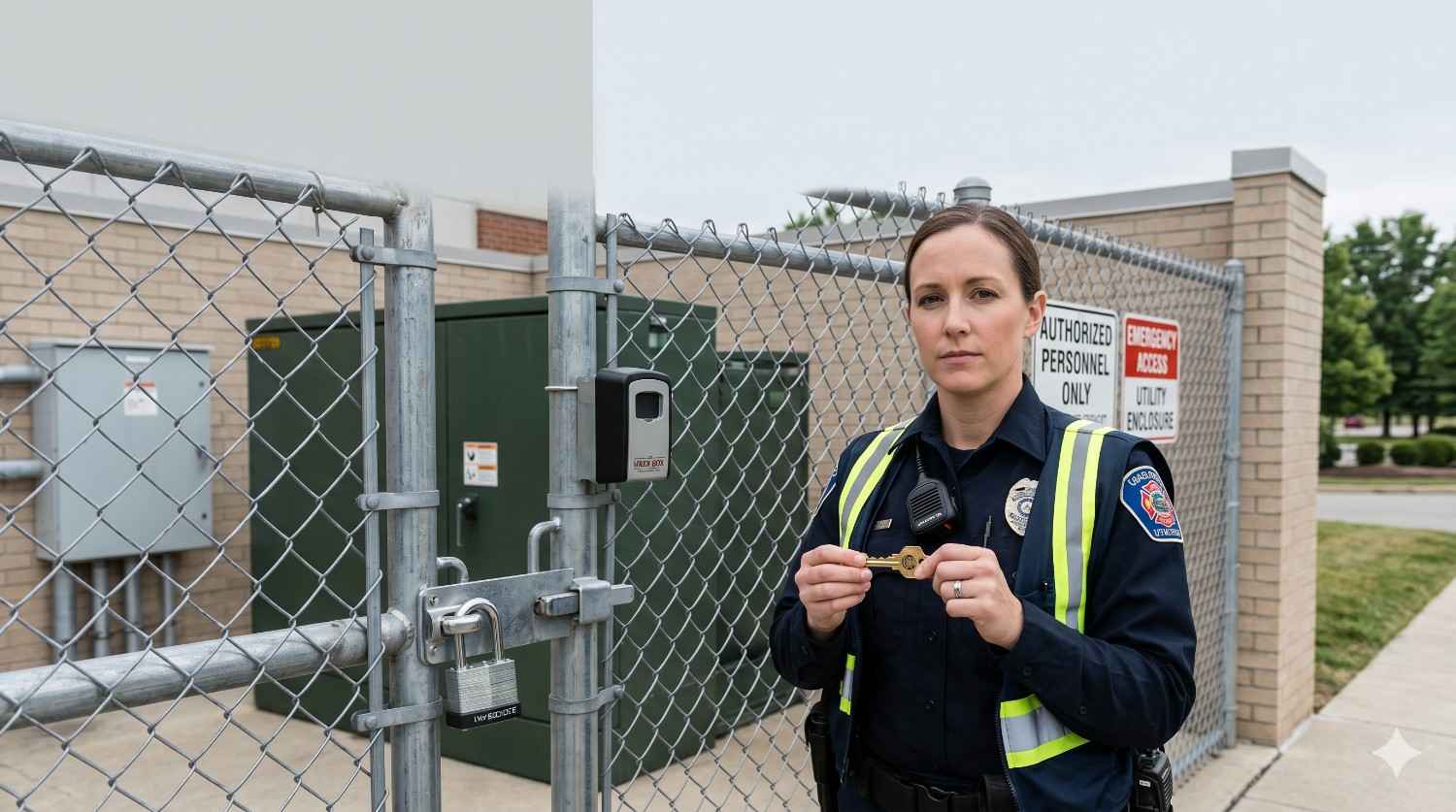 Security officer stands beside a locked chain-link gate protecting a restricted utility enclosure. Holding an access key, the officer is positioned near an electronic access control device and padlock. Warning signs indicate authorized personnel only. The image highlights facility security, controlled access, perimeter protection, key management, and infrastructure safeguarding measures.