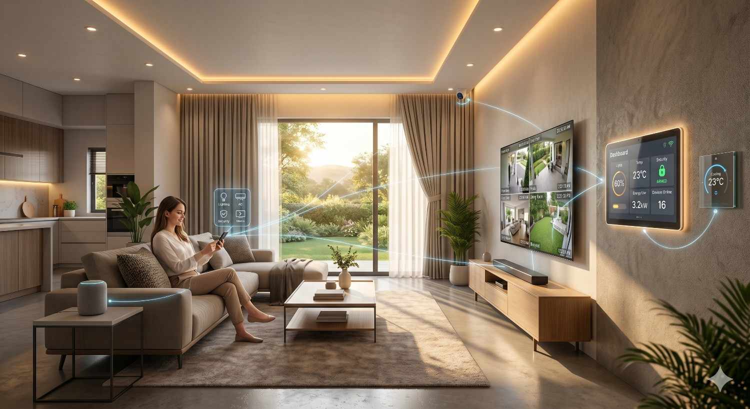 Woman relaxing on sofa controlling lighting, security, and temperature via smartphone in a modern connected living room, showcasing Smart Home Installation with integrated screens, cameras, and automation system