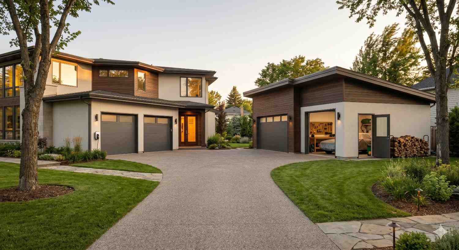 A modern luxury home with a detached garage sits along a curved driveway at sunset. Both garages feature contemporary doors, landscaped lawns, and warm interior lighting in a quiet suburban neighborhood.