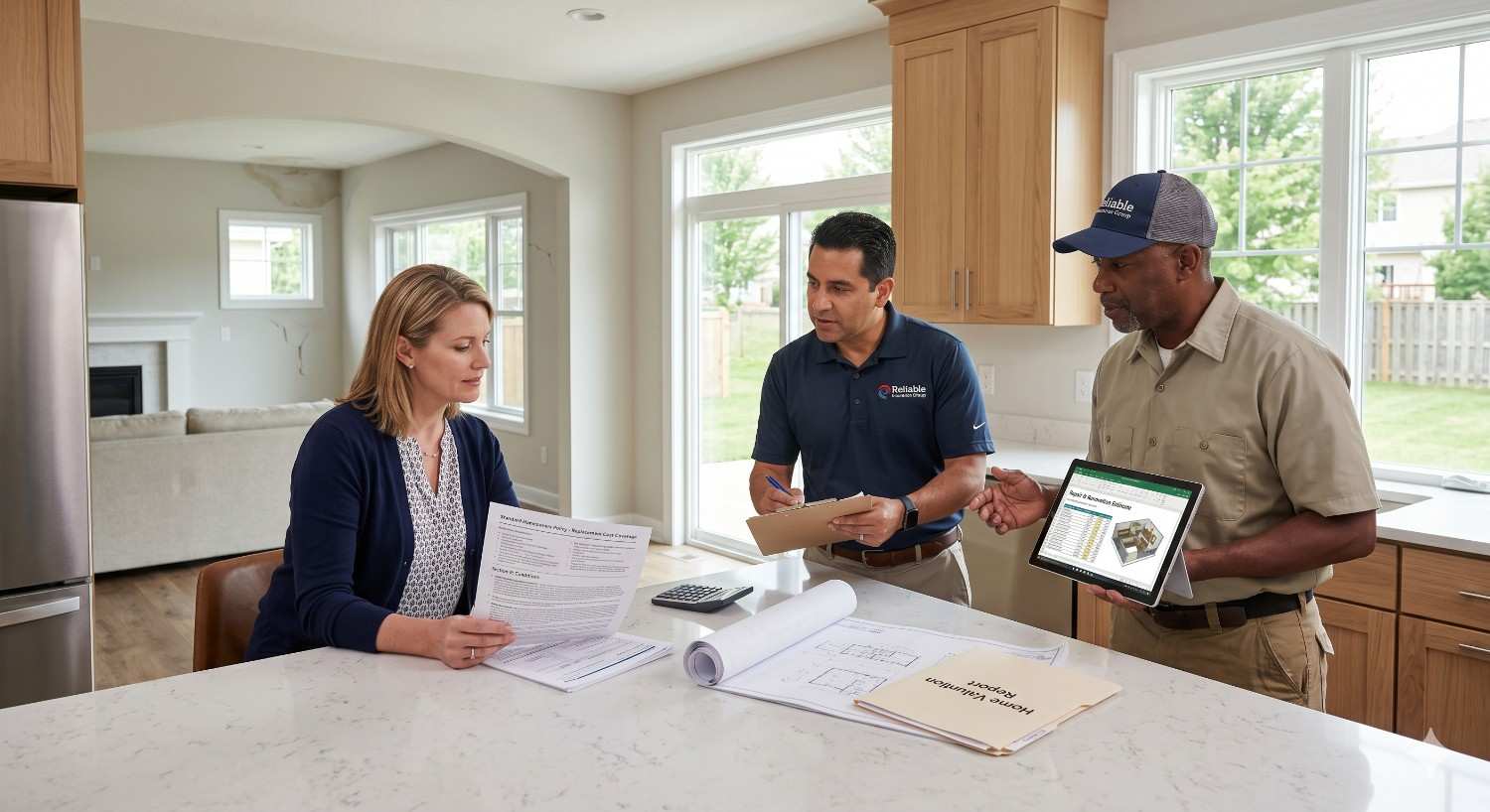 A homeowner reviews renovation and insurance documents with two contractors in a bright kitchen, while one contractor presents repair estimates and digital project plans during a residential home assessment meeting.