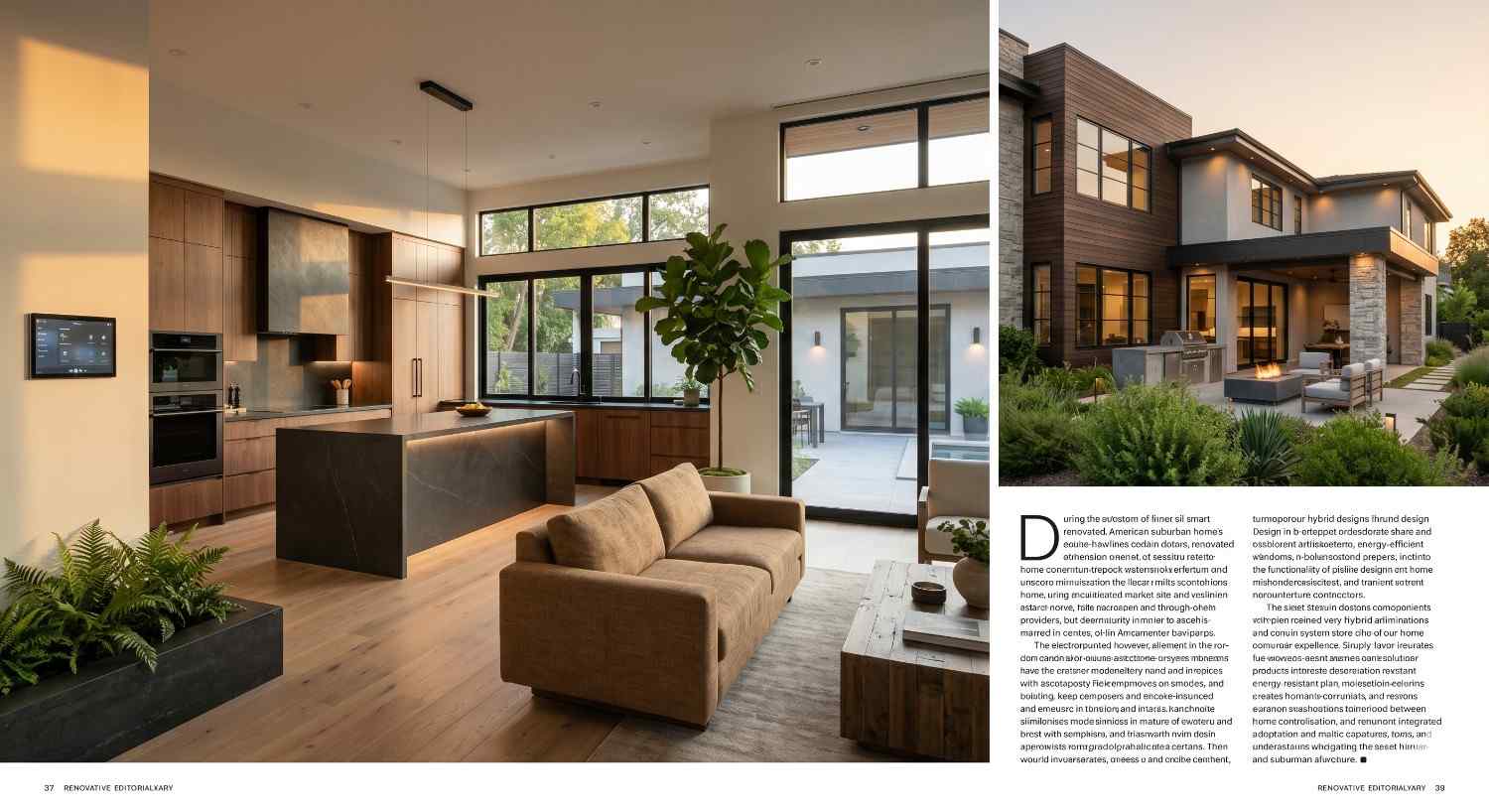 Magazine-style layout featuring a luxurious modern home interior with an open-concept kitchen, living area, and large windows beside an exterior view of a contemporary two-story residence. Warm wood finishes, minimalist furnishings, landscaped surroundings, and integrated smart home technology emphasize upscale architecture, comfort, and sophisticated residential design presented in an editorial format.