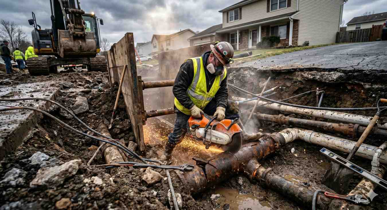 Construction worker cutting through a damaged underground utility pipe in a muddy residential street trench. Heavy equipment, exposed pipelines, and repair crews surround the excavation site, illustrating emergency infrastructure repair, utility maintenance, and road construction work under cloudy skies.