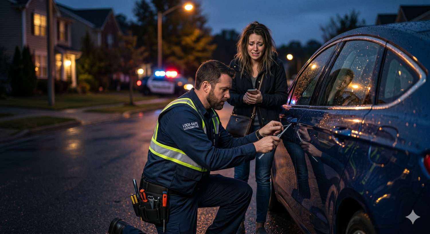 Locksmith kneels beside a car at night, working to unlock the door while a worried woman stands nearby holding her phone. Wet streets, neighborhood homes, and distant flashing police lights create a tense roadside assistance scene.