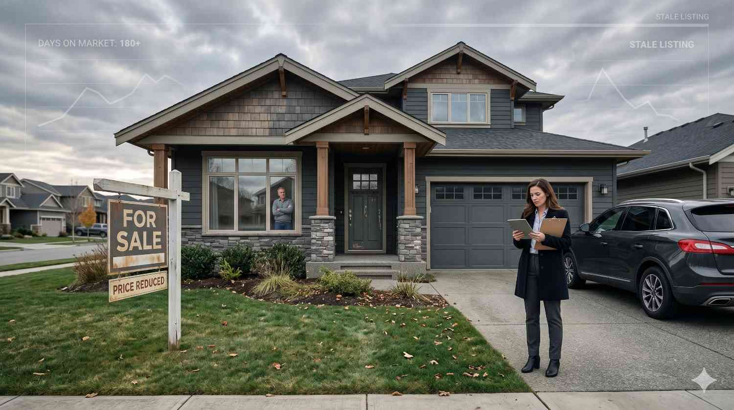 Real estate agent reviews documents outside a suburban home with a “For Sale” and “Price Reduced” sign. Overlay graphics showing a stale listing and extended market time suggest challenges selling the property.