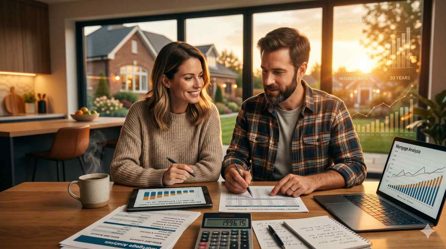 Couple reviewing mortgage documents and interest rate charts at a kitchen table in a modern home. Financial reports, a calculator, tablet, and laptop displaying mortgage analysis highlight home financing, budgeting, and long-term housing costs.