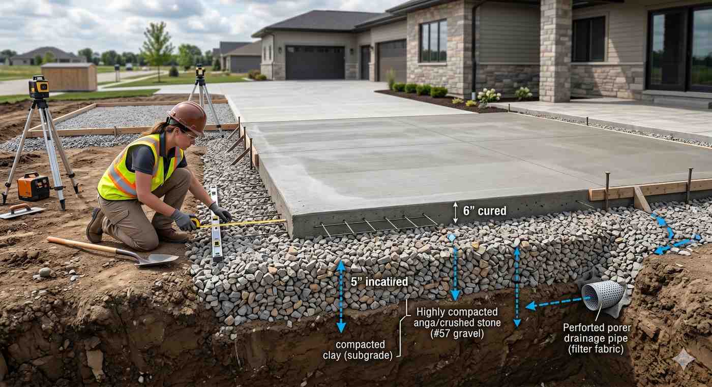 Construction worker measures and inspects a newly poured concrete driveway during installation. A cutaway illustration reveals the engineered foundation layers, including compacted subgrade, crushed stone base, drainage pipe, and concrete slab thickness. Surveying equipment and labeled dimensions highlight proper grading, drainage, structural support, durability, and professional driveway construction standards.