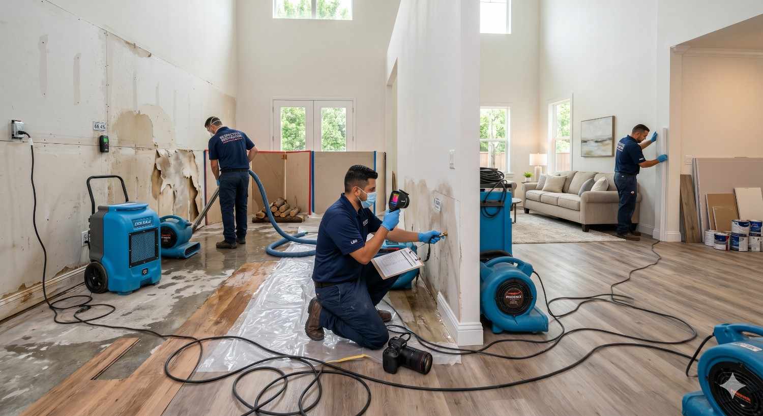Water damage restoration team assesses and repairs a flooded residential interior using moisture meters, air movers, dehumidifiers, and drying equipment. Technicians inspect wet drywall, document damage, remove affected materials, and monitor moisture levels. Large open living space shows active remediation efforts focused on flood cleanup, structural drying, mold prevention, and property restoration.