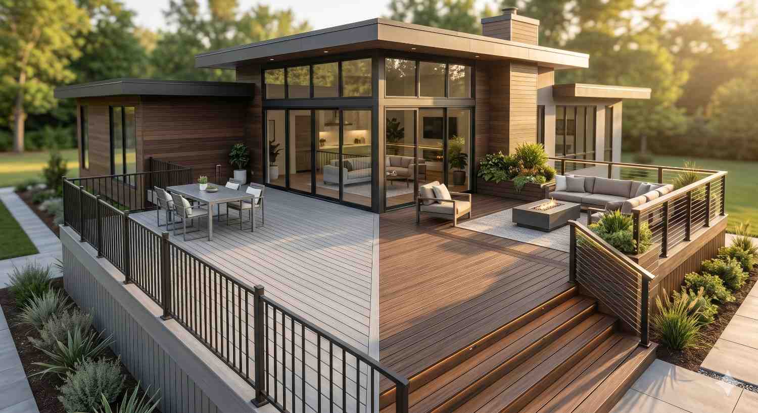 Modern single-story luxury home with expansive elevated composite decking, black metal railings, and stylish outdoor living areas. Contemporary patio furniture, dining space, landscaped greenery, and wide glass windows create a seamless indoor-outdoor connection. Warm evening lighting highlights clean architectural lines, spacious design, and premium materials in this upscale residential backyard entertainment and relaxation setting.