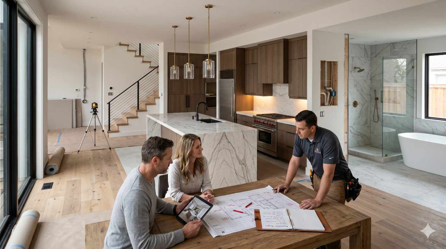 Homeowners meet with a contractor in a modern open-concept home under renovation. They review blueprints at a table beside a marble kitchen island, while a luxury bathroom, staircase, and construction tools are visible in the background.