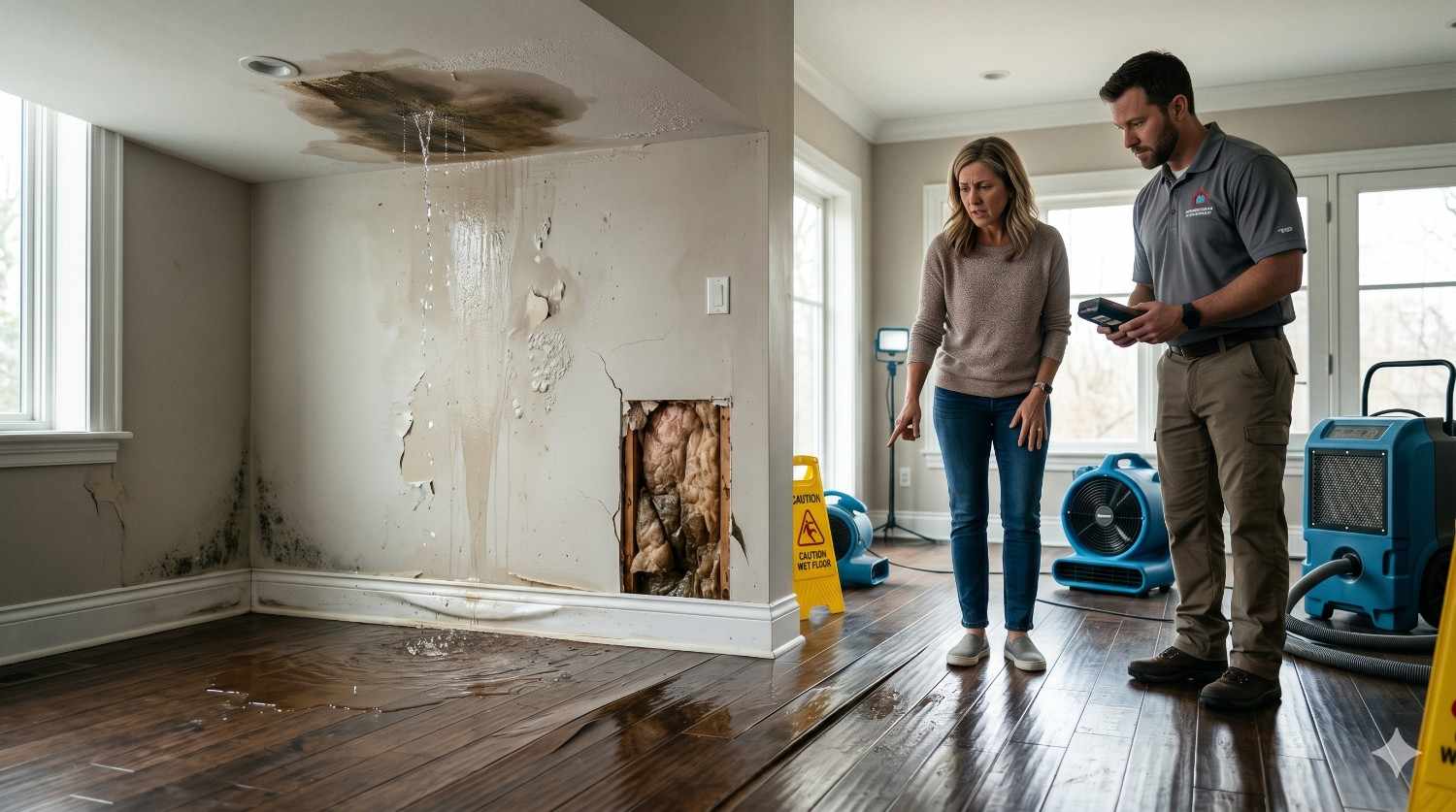 Homeowner and restoration technician inspecting severe water damage inside a house. Leaking ceilings, cracked walls, mold growth, and damaged flooring are visible while drying equipment and air movers highlight ongoing flood and moisture remediation efforts.