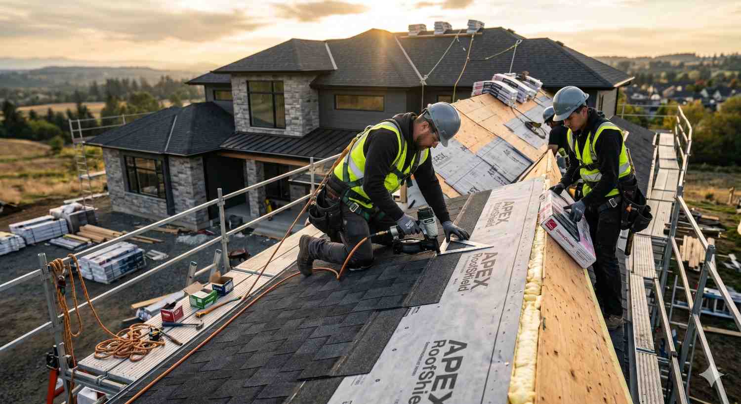 Roofers installing asphalt shingles on a residential home during roof installation, using safety gear and tools on a sloped structure at sunset
