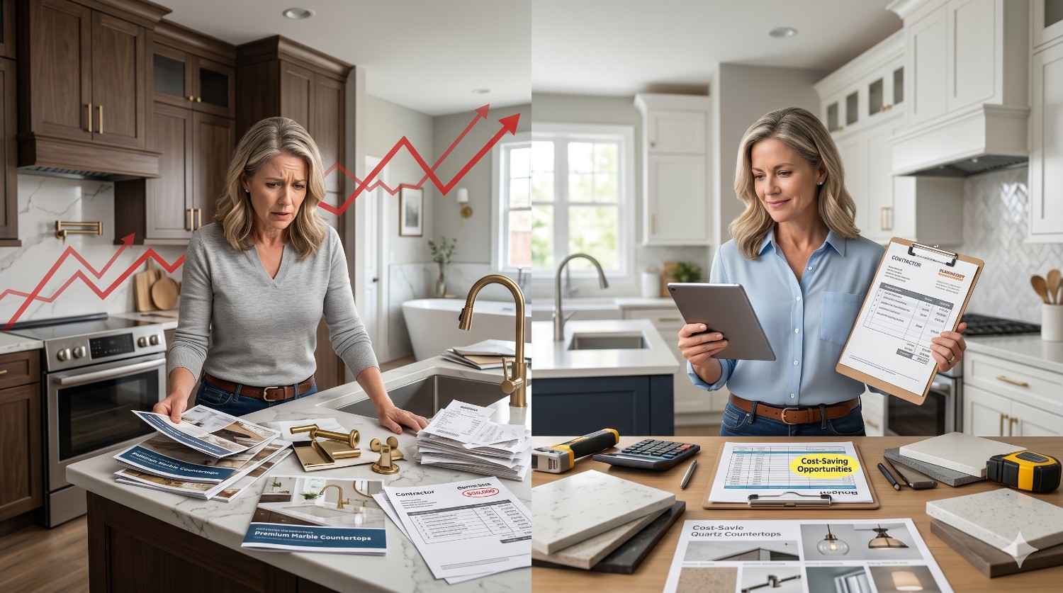 Before-and-after style kitchen remodeling budget comparison showing two homeowners evaluating renovation costs. One appears concerned by rising expenses and contractor estimates, while the other reviews savings opportunities on a tablet. Countertop samples, invoices, calculators, fixtures, and design documents cover the island, illustrating cost planning, budgeting, and value-driven home renovation decisions.