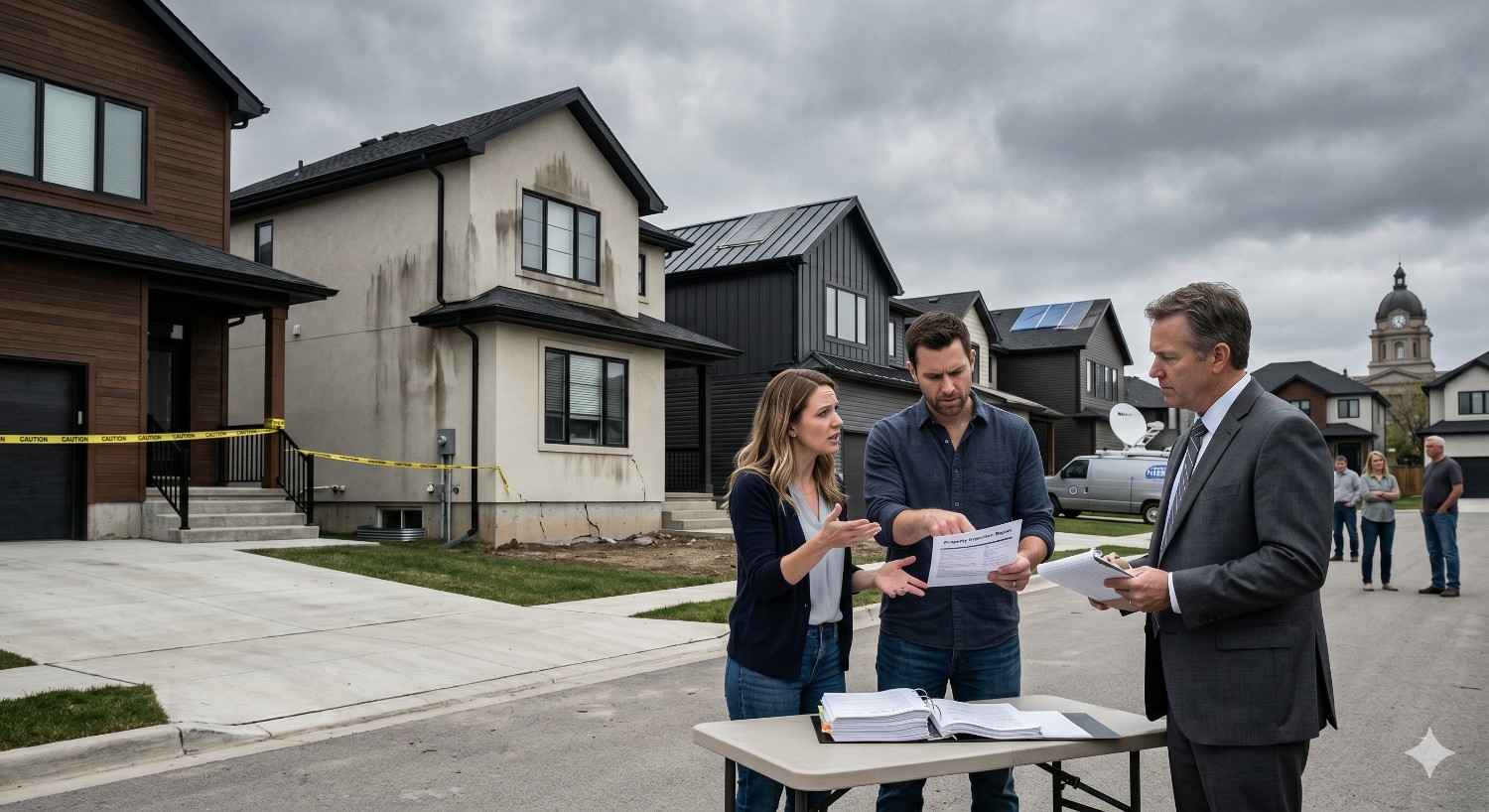 Homeowners speak with an insurance adjuster or inspector outside a damaged suburban house under stormy skies. Water stains and caution tape surround the property as documents are reviewed during a residential damage assessment.
