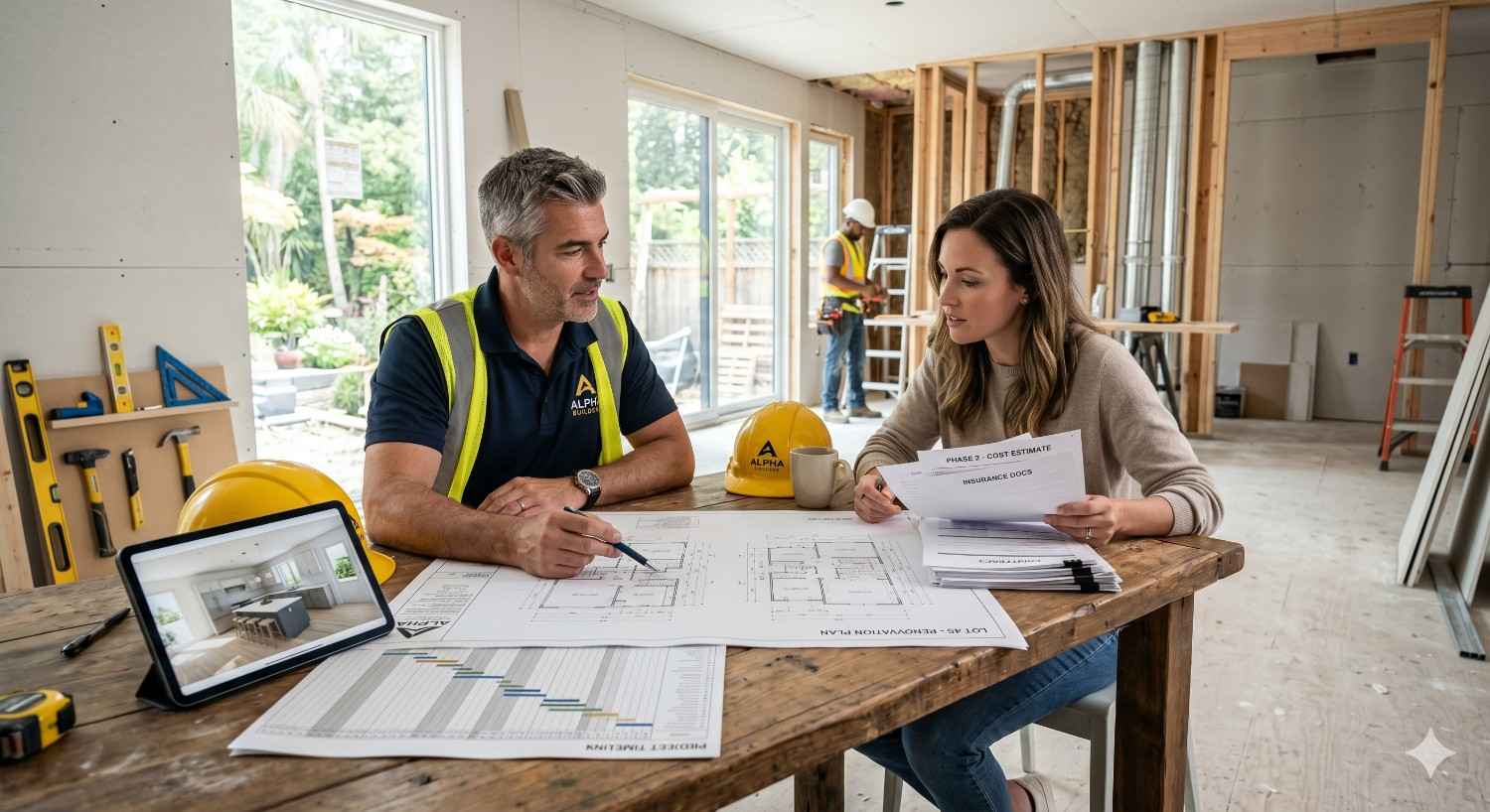 Contractor reviews renovation plans, cost estimates, and insurance documents with a homeowner inside a house under construction. Blueprints, tools, and a tablet displaying interior designs sit on the table while workers continue building in the background.