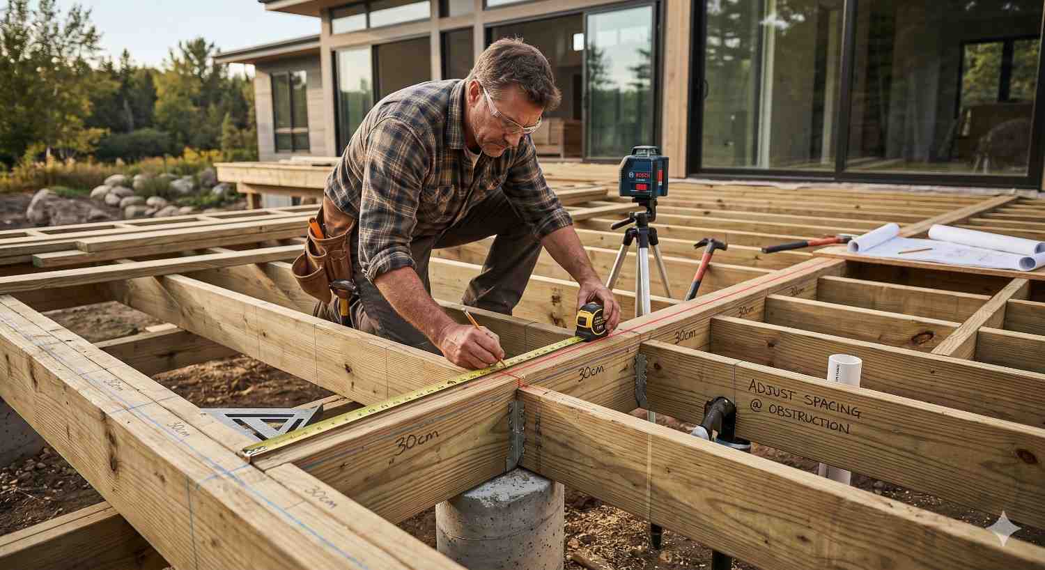 Builder measuring and marking deck framing with 30 cm spacing intervals during construction. Tape measures, leveling tools, and layout markings demonstrate precise joist placement and structural planning for a durable residential deck installation in a backyard setting.