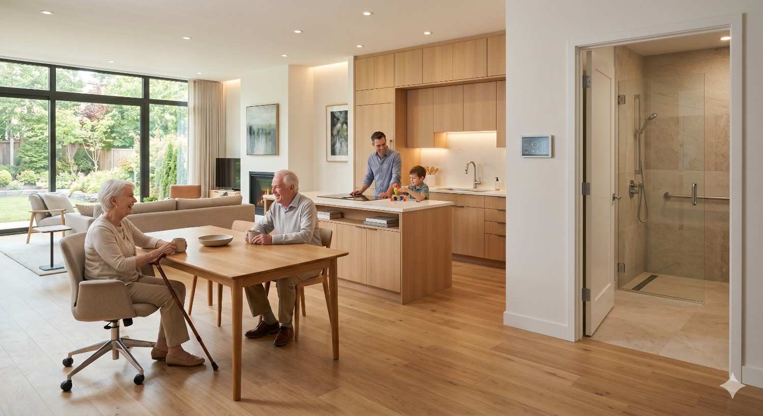 Bright, modern open-plan home interior featuring elderly couple seated at wooden dining table, with caregiver and child in contemporary kitchen background. Spacious living area includes large windows, natural light, light wood flooring, and minimalist décor. Accessible bathroom with walk-in shower and grab bars highlights aging-in-place, multigenerational, universally designed living environment.