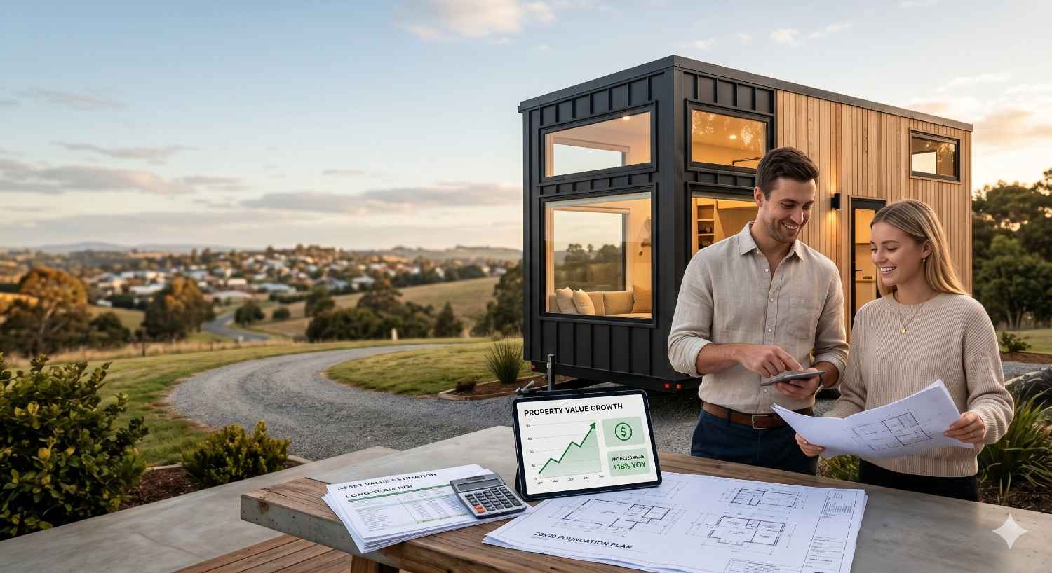 A couple reviews floor plans and property value projections beside a modern tiny home with large windows, overlooking a scenic landscape at sunset while discussing real estate or investment plans.
