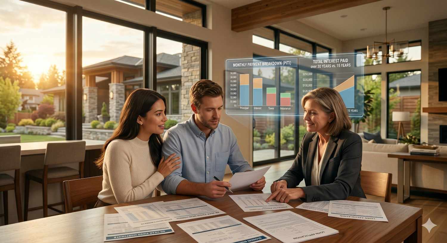 Couple meeting with a financial advisor to review mortgage payments and long-term interest costs in a modern home. Documents and digital charts display monthly payment breakdowns, helping explain home financing, budgeting, and loan planning.