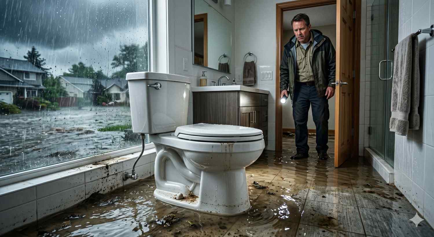 Flooded residential bathroom with standing water, muddy debris, and storm damage visible through large window during heavy rain. Homeowner inspects water intrusion using a flashlight near toilet, vanity, and glass shower enclosure. Emergency water damage assessment highlights flooding, moisture issues, cleanup needs, restoration services, and property repair after severe weather.