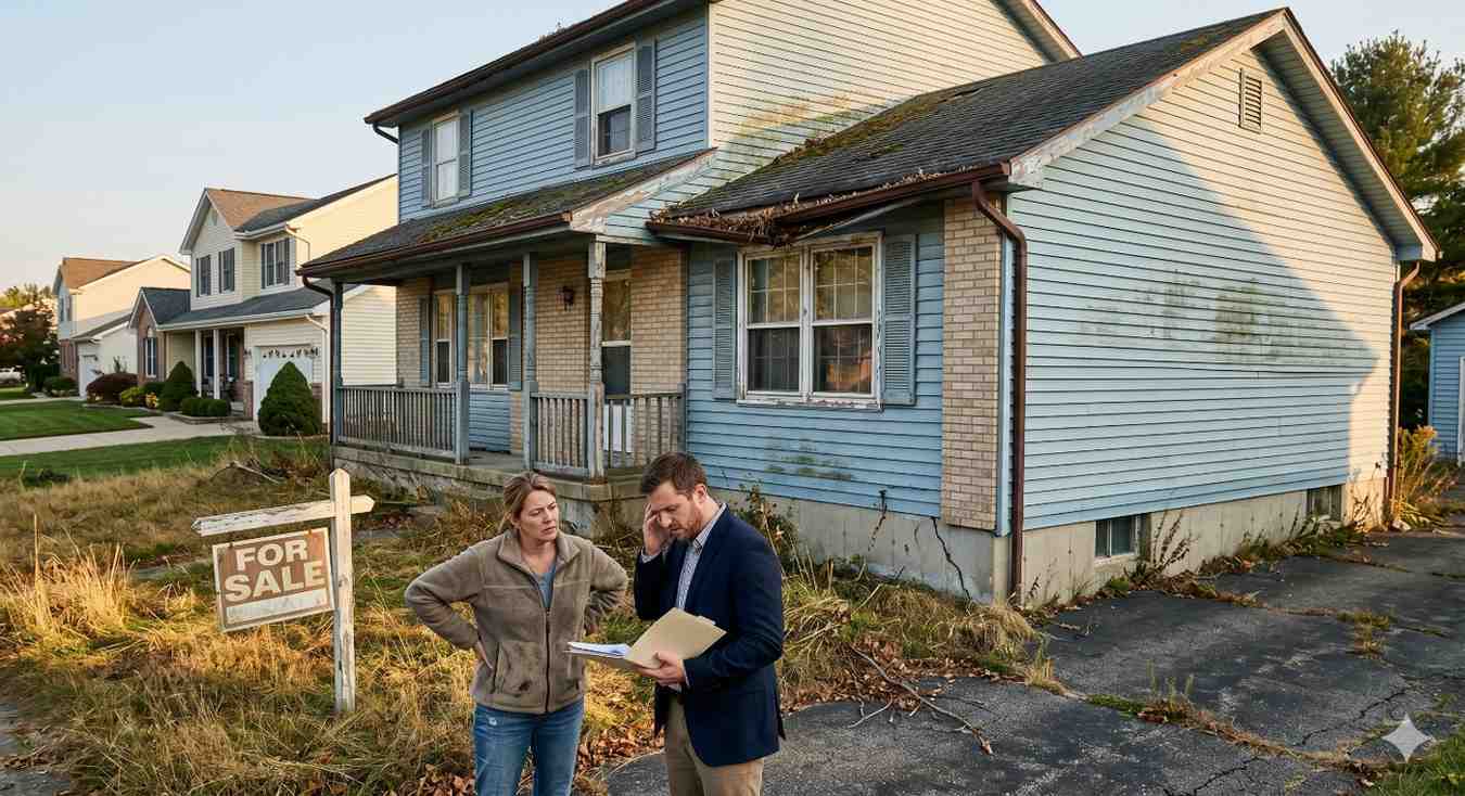 A man and woman stand outside a neglected house with a “For Sale” sign, reviewing documents while examining the property’s overgrown yard, cracked driveway, and visible exterior wear in a suburban neighborhood.