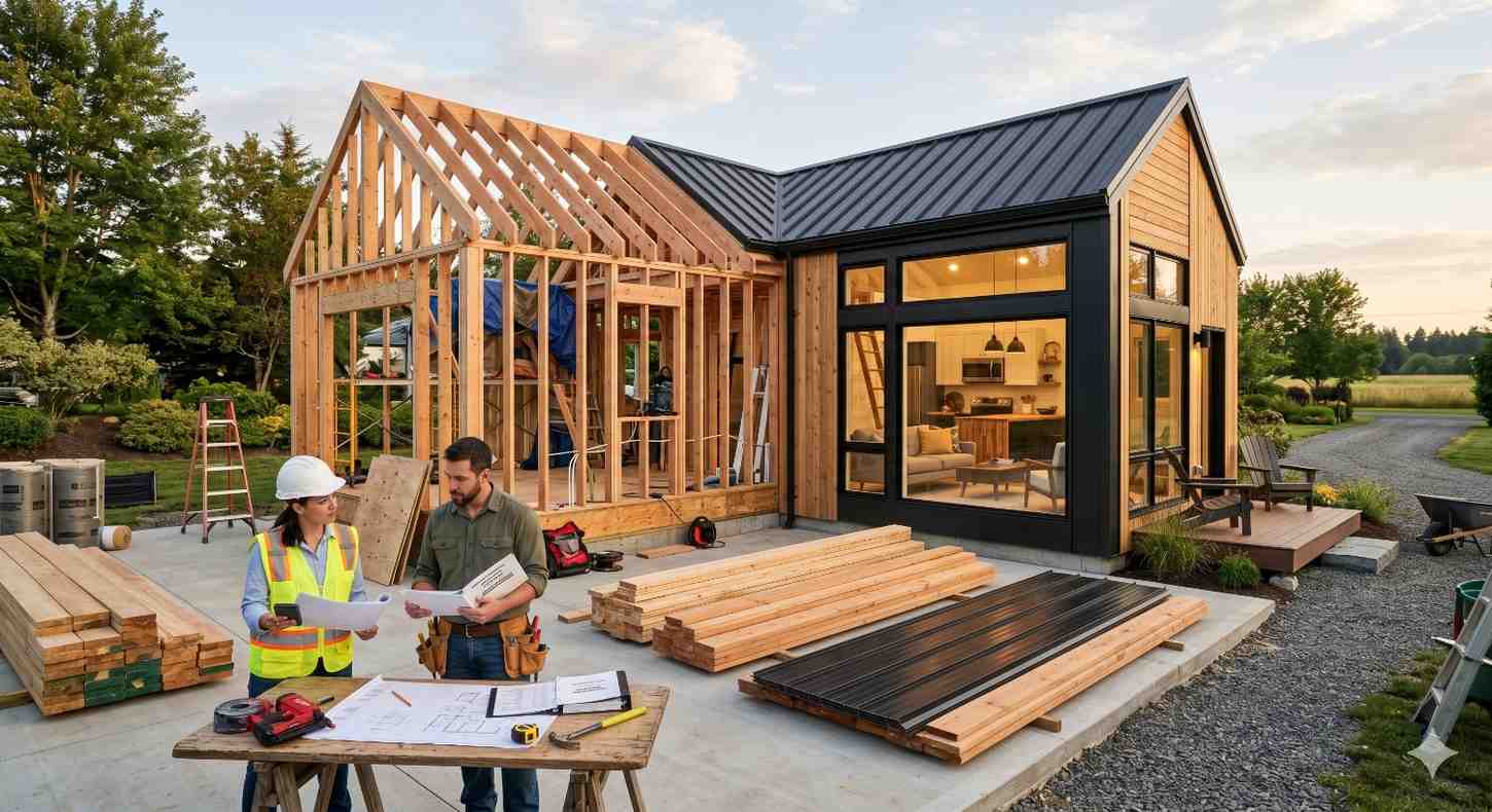 Two construction professionals review building plans beside a partially framed modern house under construction, with lumber, tools, and materials surrounding a finished section featuring large windows and contemporary design.