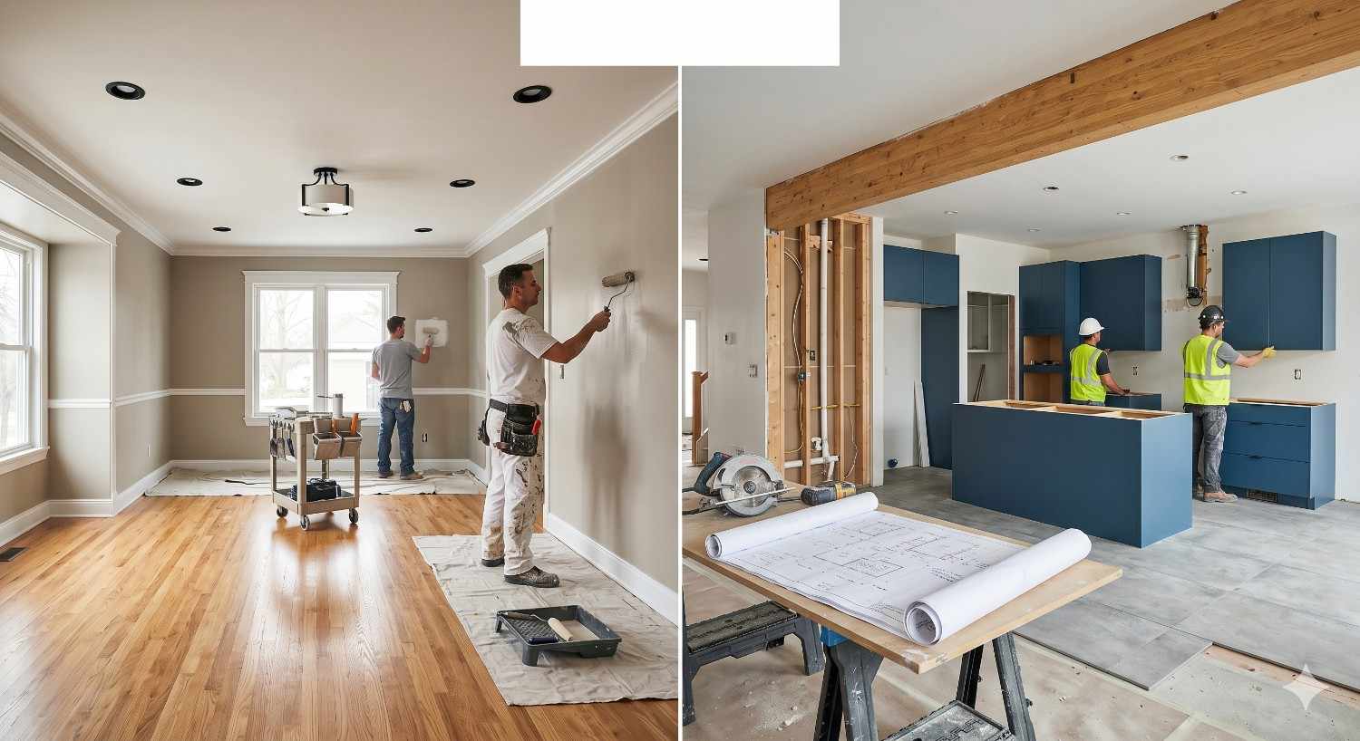 Split-screen home renovation scene showing painters finishing an empty interior room on one side and contractors installing blue kitchen cabinets during a kitchen remodel on the other. Construction plans, tools, and unfinished framing highlight active home improvement work.