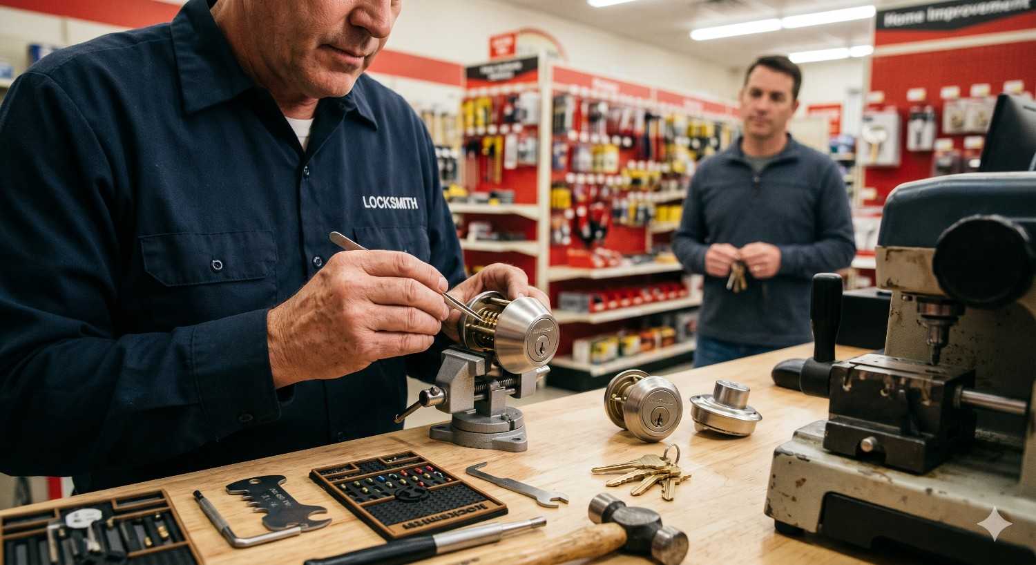 Locksmith works at a shop counter repairing or rekeying a door lock cylinder using precision tools. Keys, lock components, and equipment are spread across the workspace while a customer waits nearby inside a hardware store setting.