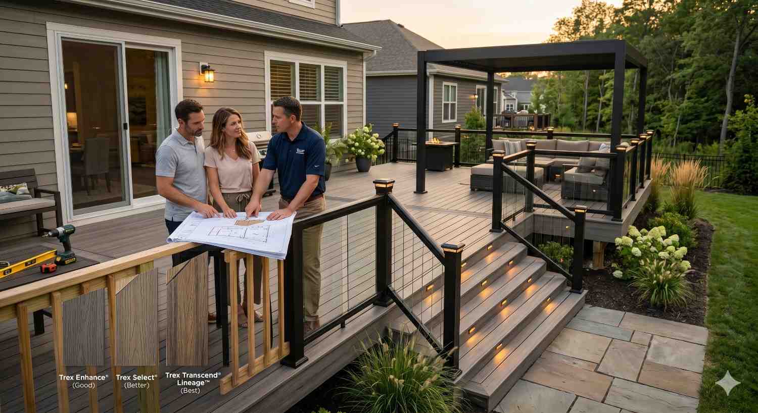 Homeowners meet with a contractor on a completed multi-level composite deck featuring modern railings, integrated stair lighting, and a pergola lounge area. Deck board samples, blueprints, and tools highlight material selection and renovation planning. Landscaped gardens and outdoor seating create an upscale backyard entertainment space showcasing residential deck remodeling and exterior home improvements.