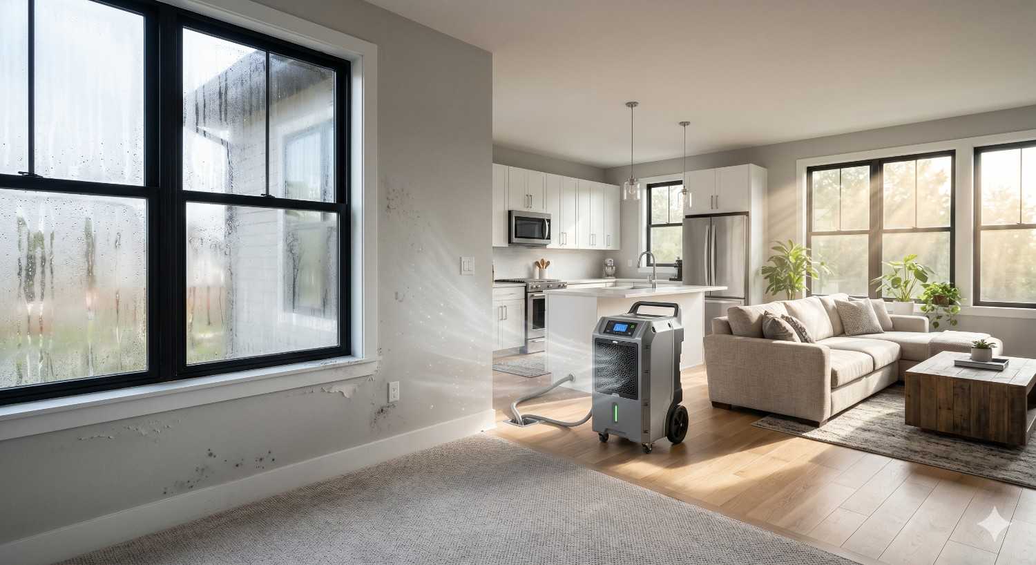 A modern living space shows signs of moisture and mold near condensation-covered windows while a commercial dehumidifier dries the room, highlighting indoor humidity control and water damage restoration efforts.