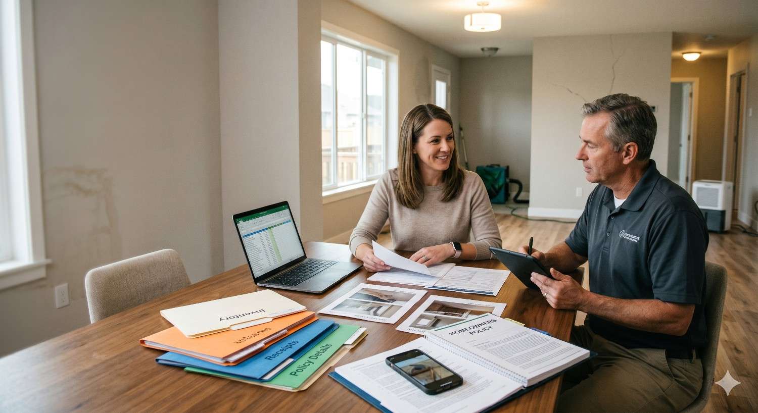 A homeowner and restoration professional sit at a table reviewing insurance documents, photos, and digital records inside a repaired home. Organized folders, a laptop, and paperwork suggest a claims review, property assessment, or discussion about restoration and insurance coverage.