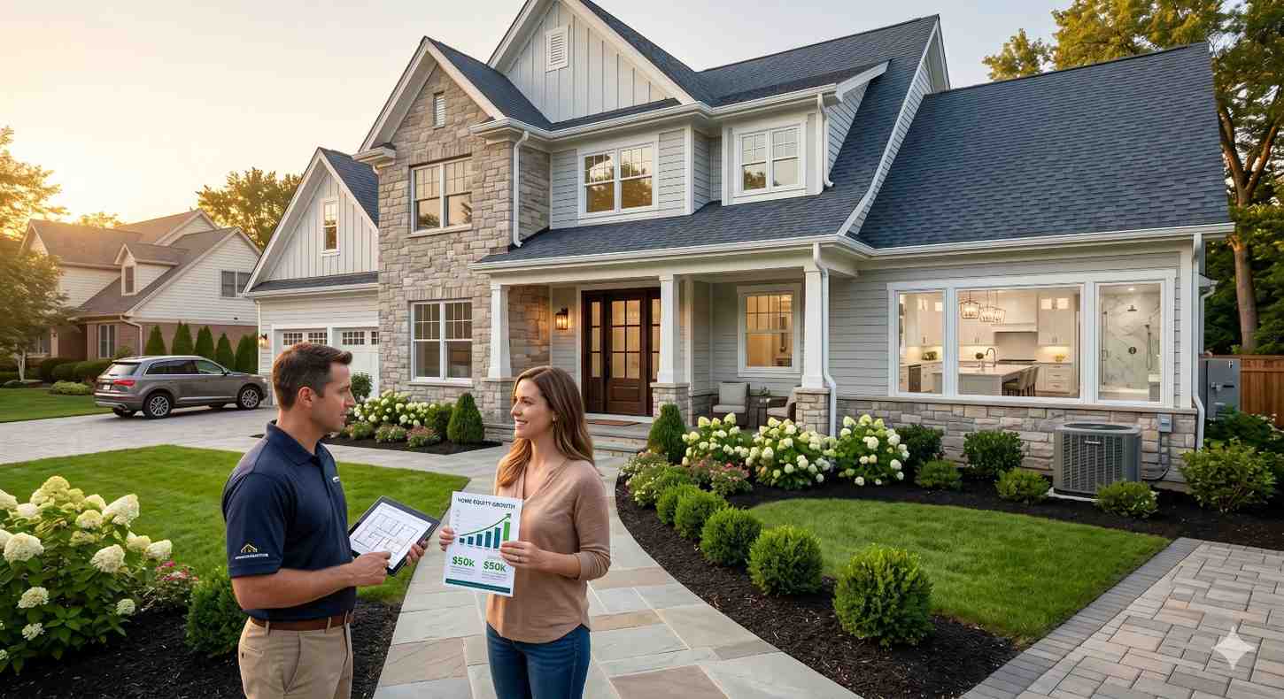 A homeowner and contractor stand outside a newly renovated house, reviewing project documents and home improvement value estimates. The modern residence features updated siding, stone accents, landscaped gardens, and visible interior upgrades through large windows. The image highlights successful remodeling results, curb appeal enhancements, property value growth, and homeowner satisfaction.