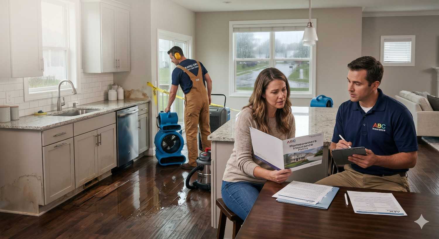 Homeowners meet with an insurance representative in a water-damaged kitchen while a restoration worker operates drying equipment nearby. Wet hardwood floors, cleanup tools, and insurance documents highlight a home flood or water damage claim and recovery process.