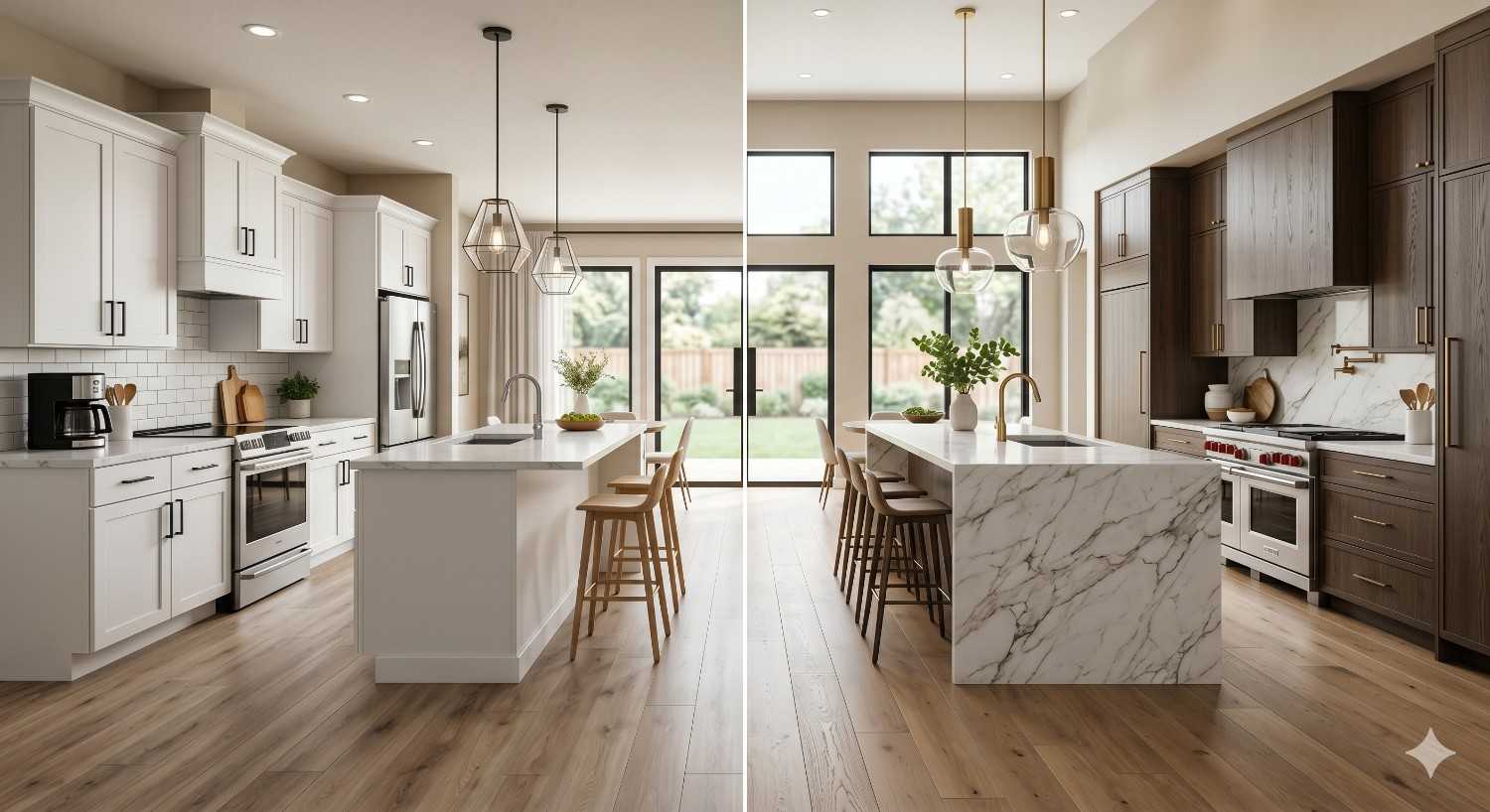 Side-by-side comparison of two modern kitchen designs featuring large islands, pendant lighting, stainless steel appliances, and open layouts. One kitchen uses bright white cabinetry, while the other features darker wood finishes and a marble waterfall island.