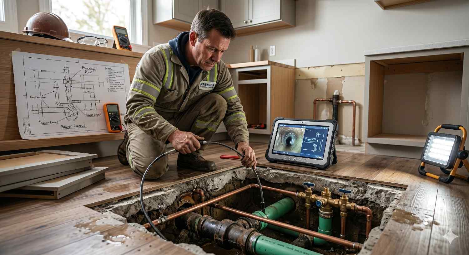 Plumber inspecting underground sewer and water lines through an exposed floor opening in a home renovation site. Diagnostic tools, pipe schematics, and a drain inspection camera assist the repair process, highlighting residential plumbing maintenance, sewer inspection, and utility troubleshooting inside a partially remodeled kitchen.