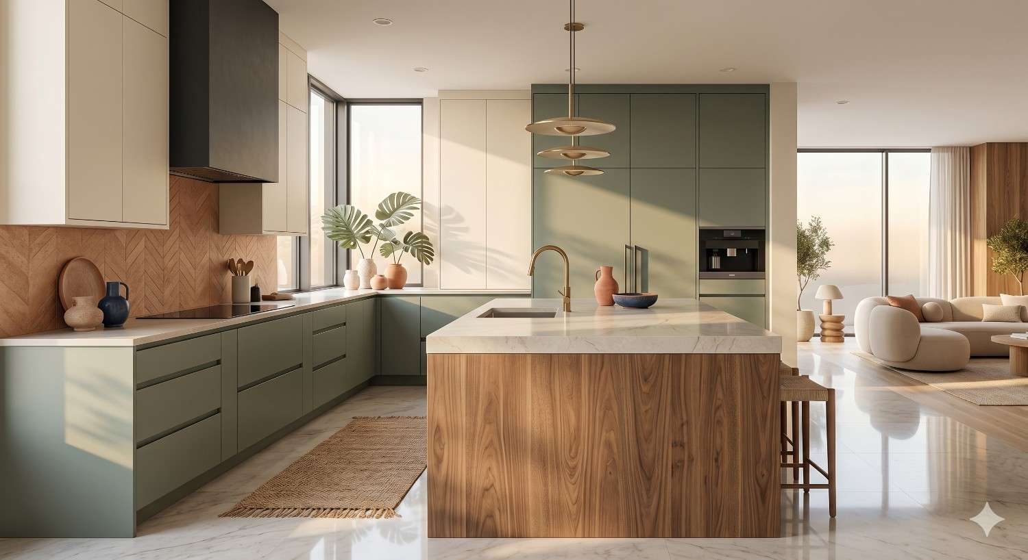 Modern minimalist kitchen with sage green cabinetry, a wood-paneled island, marble countertops, and warm natural lighting. Open-concept living spaces, large windows, and contemporary decor create a sleek, luxurious interior.