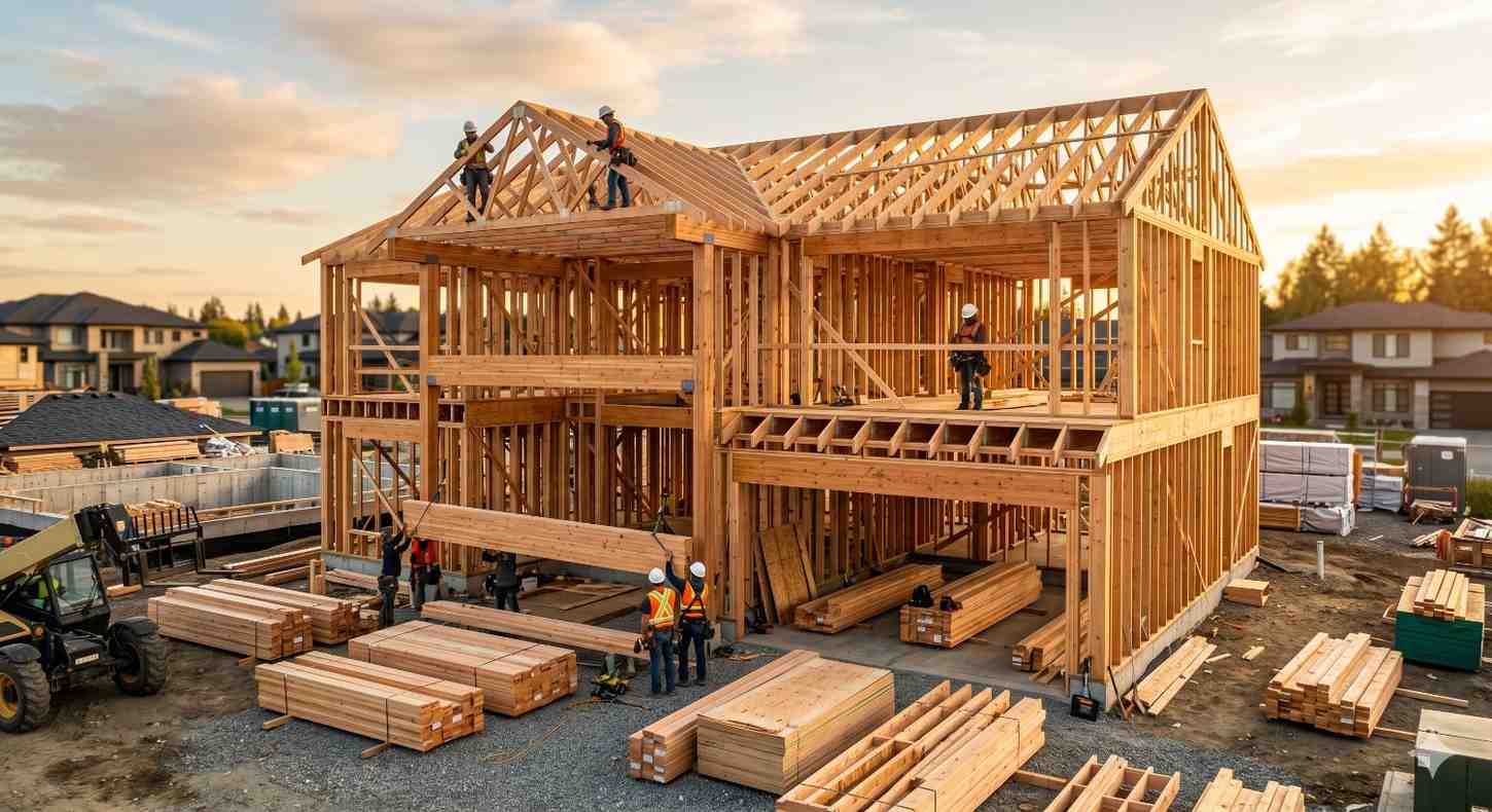 Construction workers frame a large two-story wooden house at a residential building site. Lumber stacks, heavy equipment, and roof trusses surround the unfinished structure during active home construction at sunset.