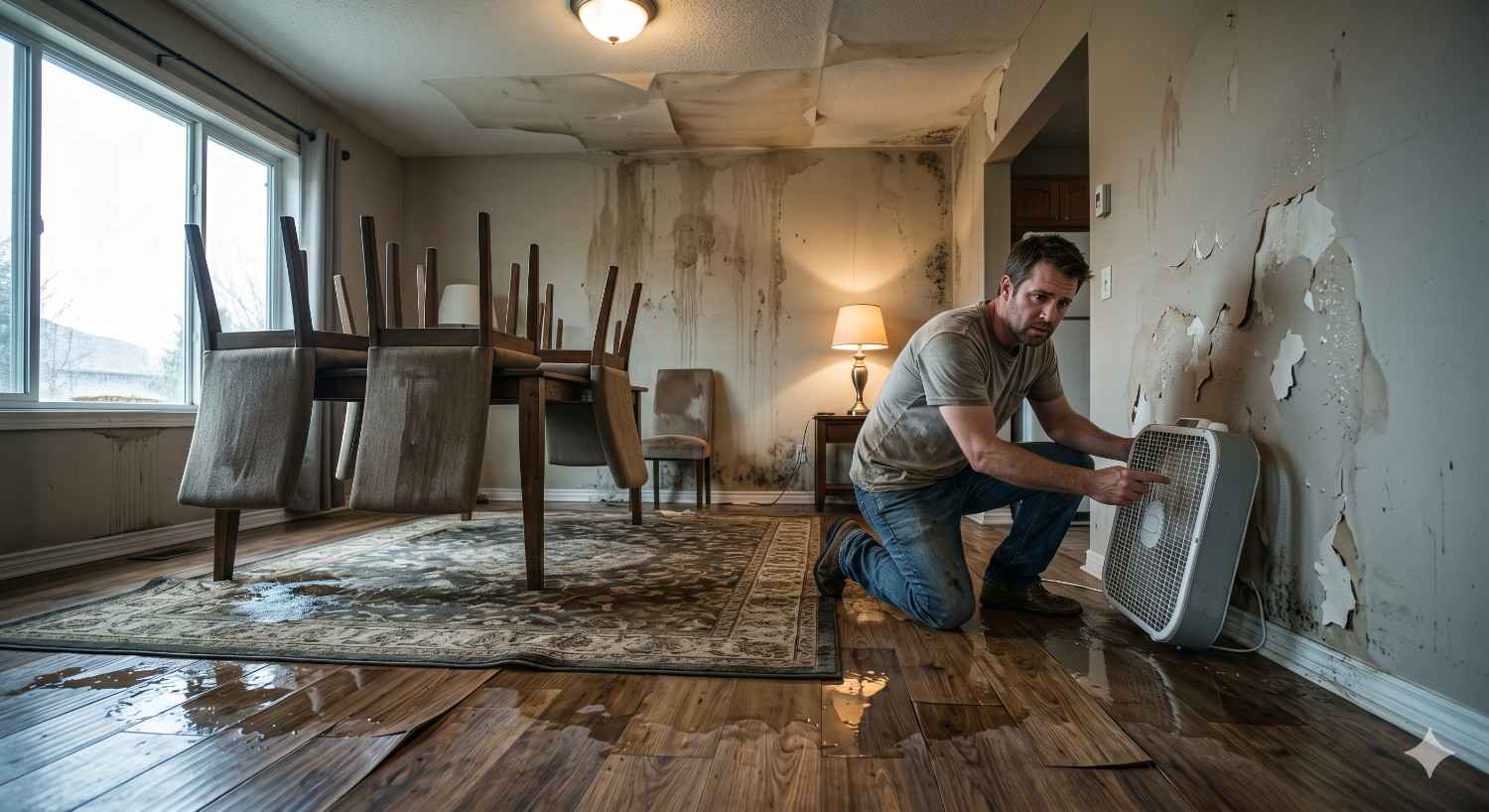 A man places a fan near a water-damaged wall inside a home with warped floors, peeling paint, and mold stains. Dining chairs are stacked upside down on the table as the room undergoes drying and restoration after flooding or a major leak.