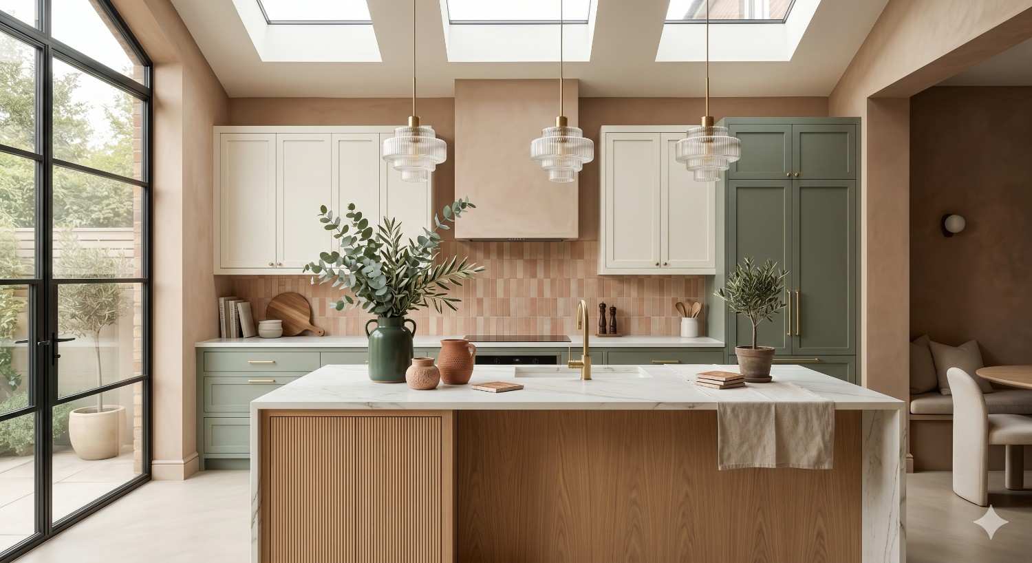 Stylish contemporary kitchen with sage green and white cabinetry, a wood-accented island, marble countertops, and pendant lighting. Skylights and large black-framed windows fill the warm, modern space with natural light.