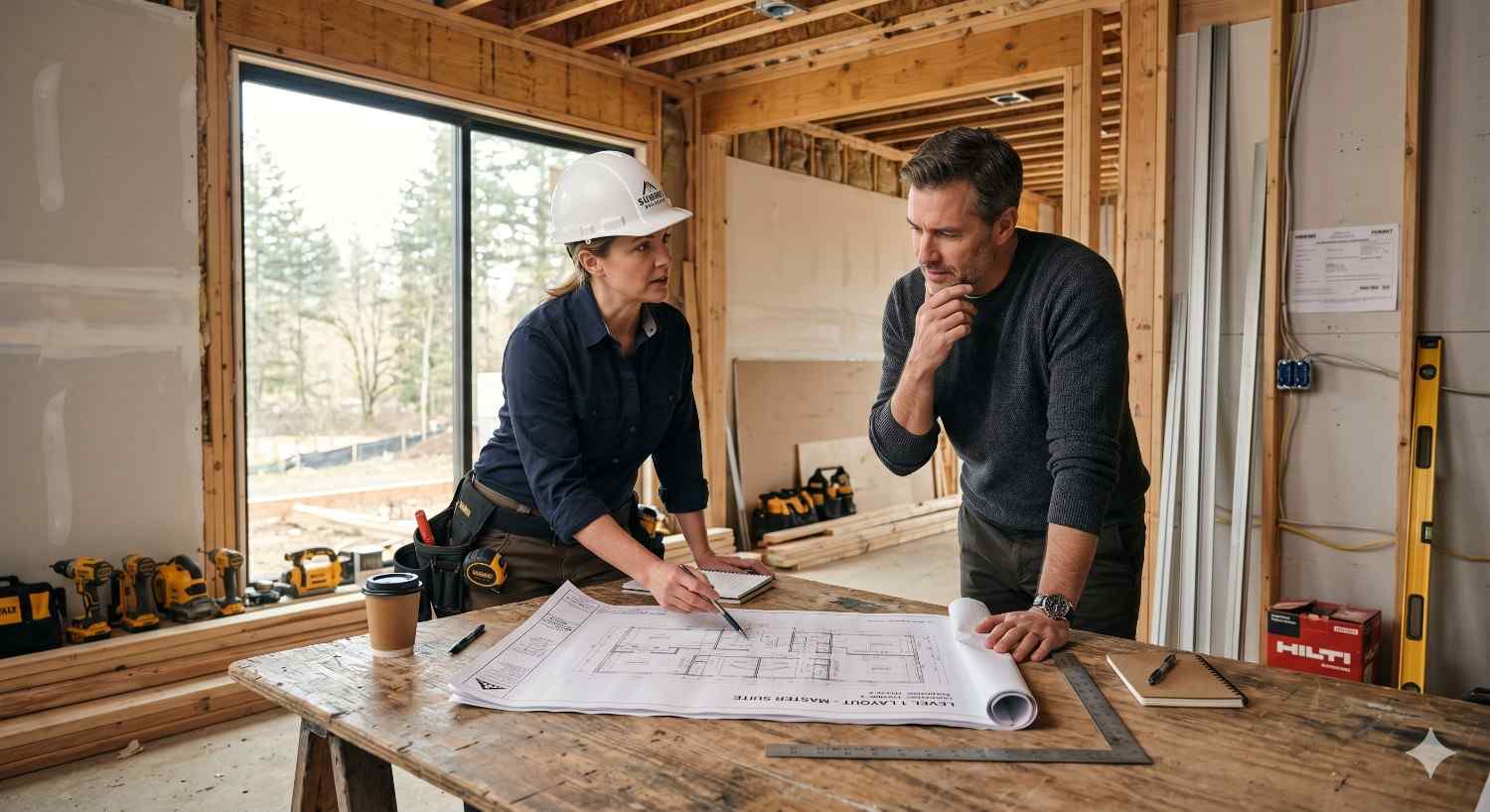 Contractor and homeowner review architectural blueprints inside a house under construction. Framing, tools, and unfinished walls surround them as they discuss renovation or building plans at a wooden worktable.