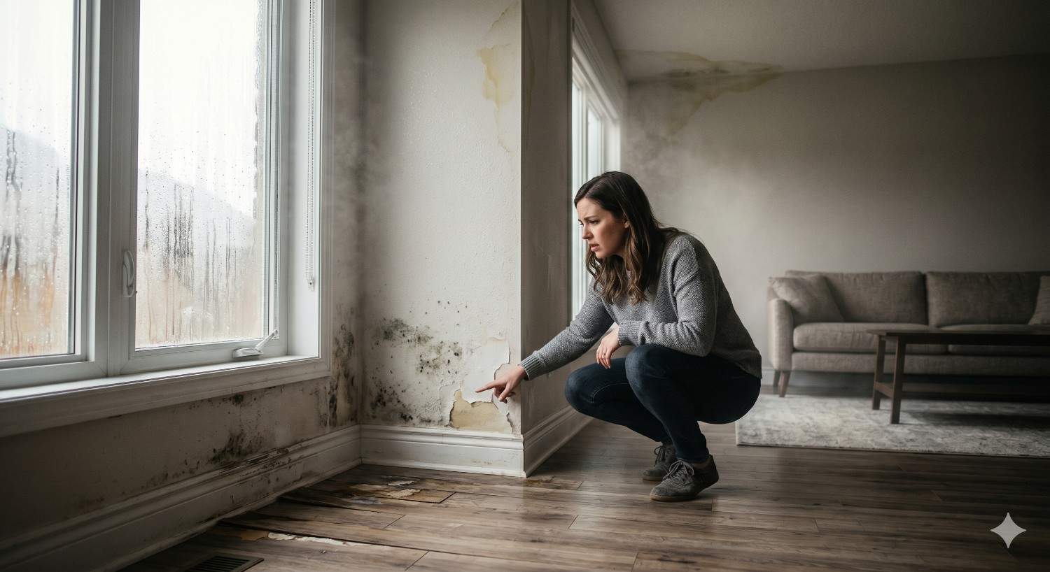 A homeowner inspects mold growth, peeling paint, and water-damaged flooring near condensation-covered windows inside a damp living room, highlighting moisture intrusion and possible indoor air quality concerns.