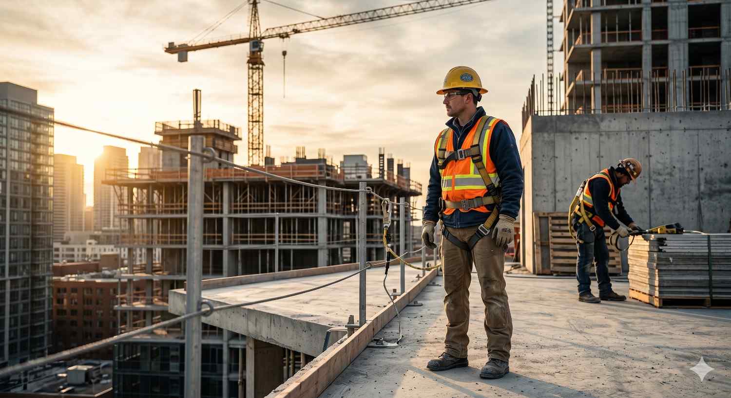 Construction workers in safety gear stand on a high-rise building site at sunset. Cranes, unfinished concrete structures, and urban skyscrapers surround the active construction area as workers handle materials and equipment.