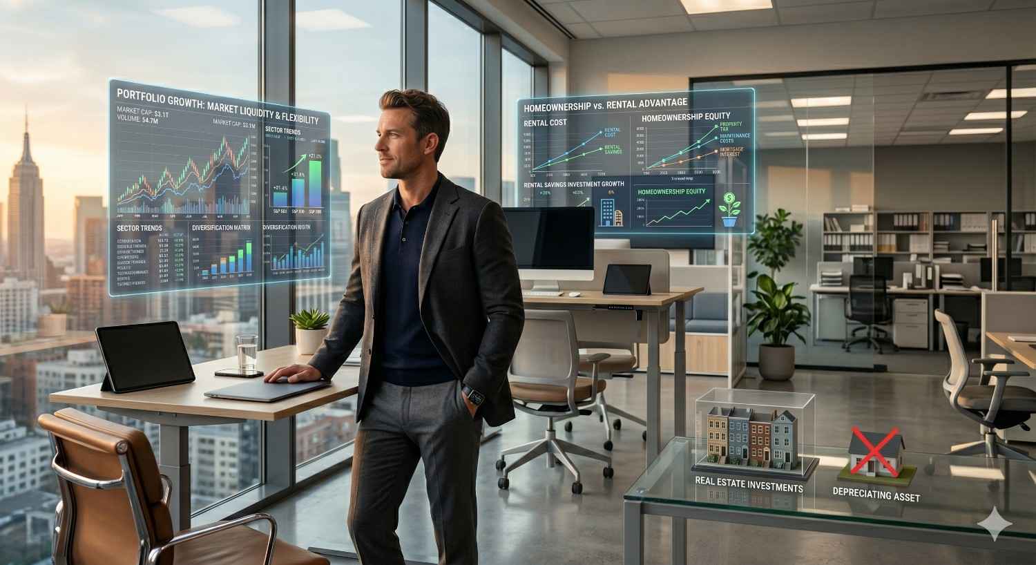 Business professional stands in a modern office overlooking a city skyline while reviewing digital financial charts and real estate investment analytics. Displays compare portfolio growth, homeownership equity, and rental market advantages.