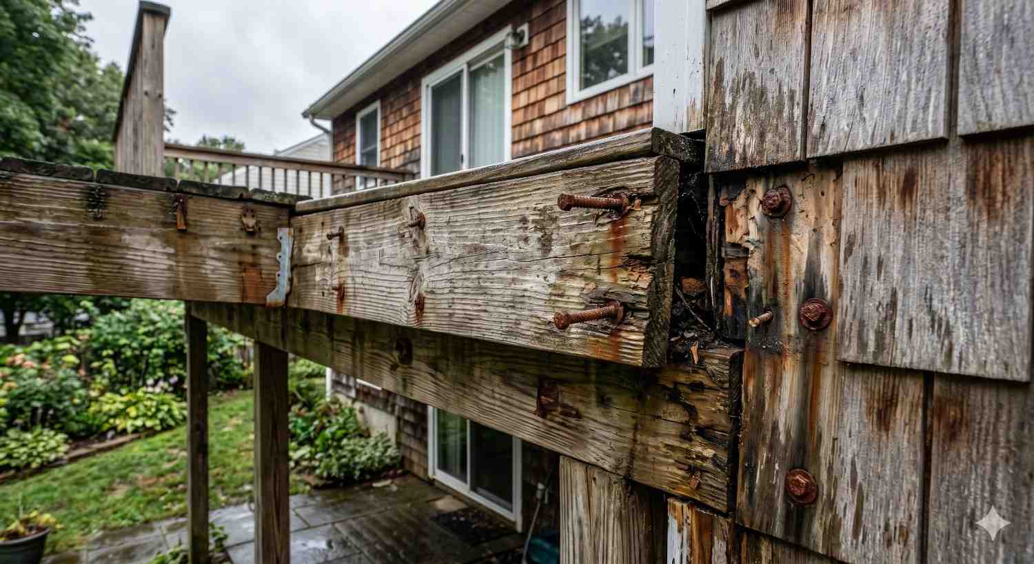 Close-up of a weathered wooden deck attached to a house, showing severe rot, rusted bolts, and structural deterioration where the support beam connects to the exterior wall. Rainy conditions highlight the damaged wood and moisture exposure. Backyard landscaping and patio area appear below, emphasizing potential safety hazards and long-term water damage.