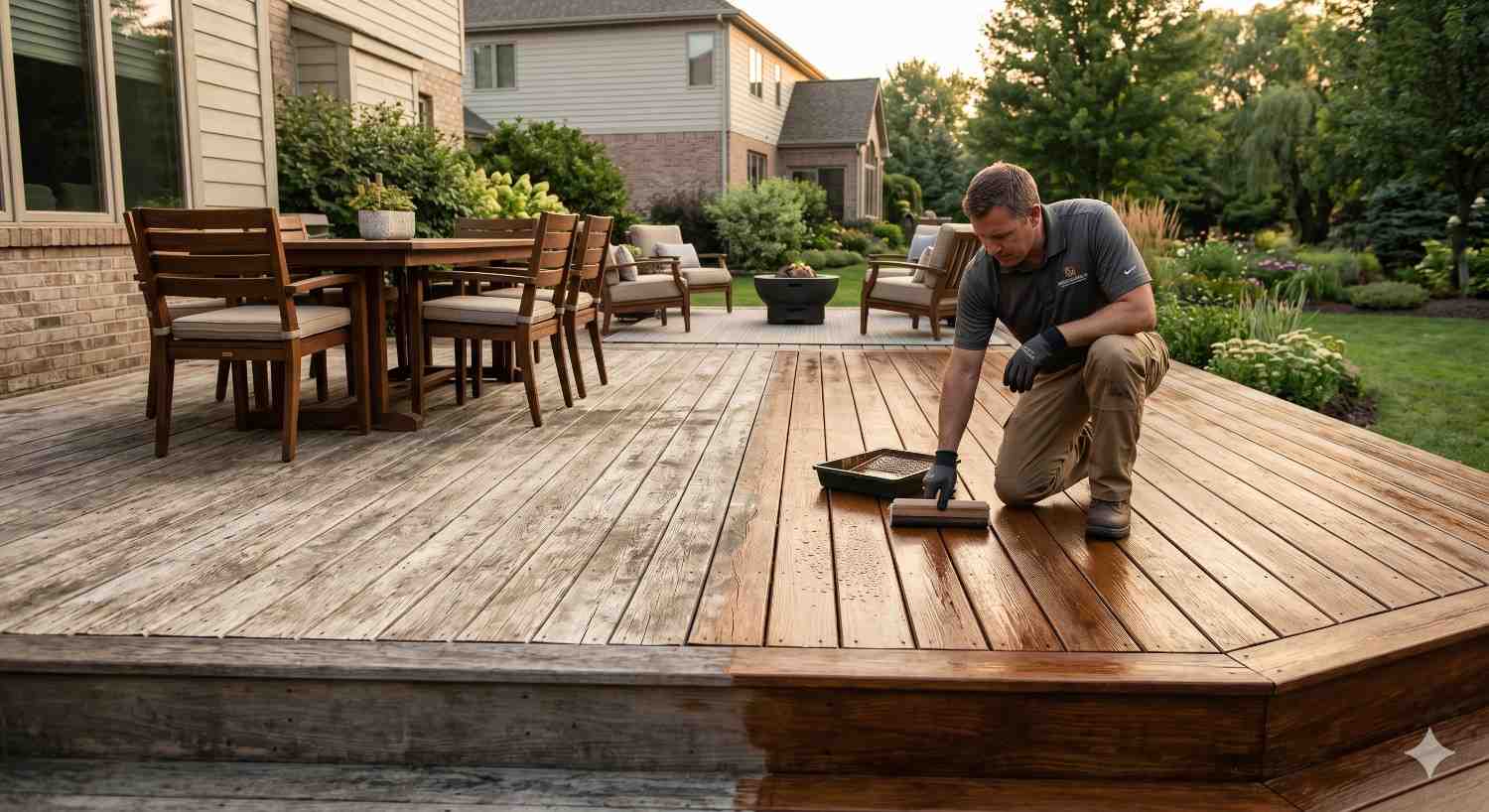 Contractor applies wood stain to restore a weathered backyard deck, creating a dramatic contrast between faded boards and freshly finished timber. Outdoor dining furniture and landscaped gardens surround the residential patio area. The image highlights deck refinishing, wood preservation, exterior home maintenance, and backyard renovation work in a modern suburban outdoor living space.