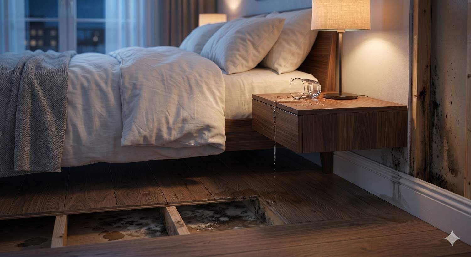 Bedroom with visible water damage and mold growth beside the bed. A spilled glass leaks from the nightstand while warped flooring reveals hidden moisture and rot beneath. Soft lamp lighting contrasts with the serious indoor water damage and mold problem.