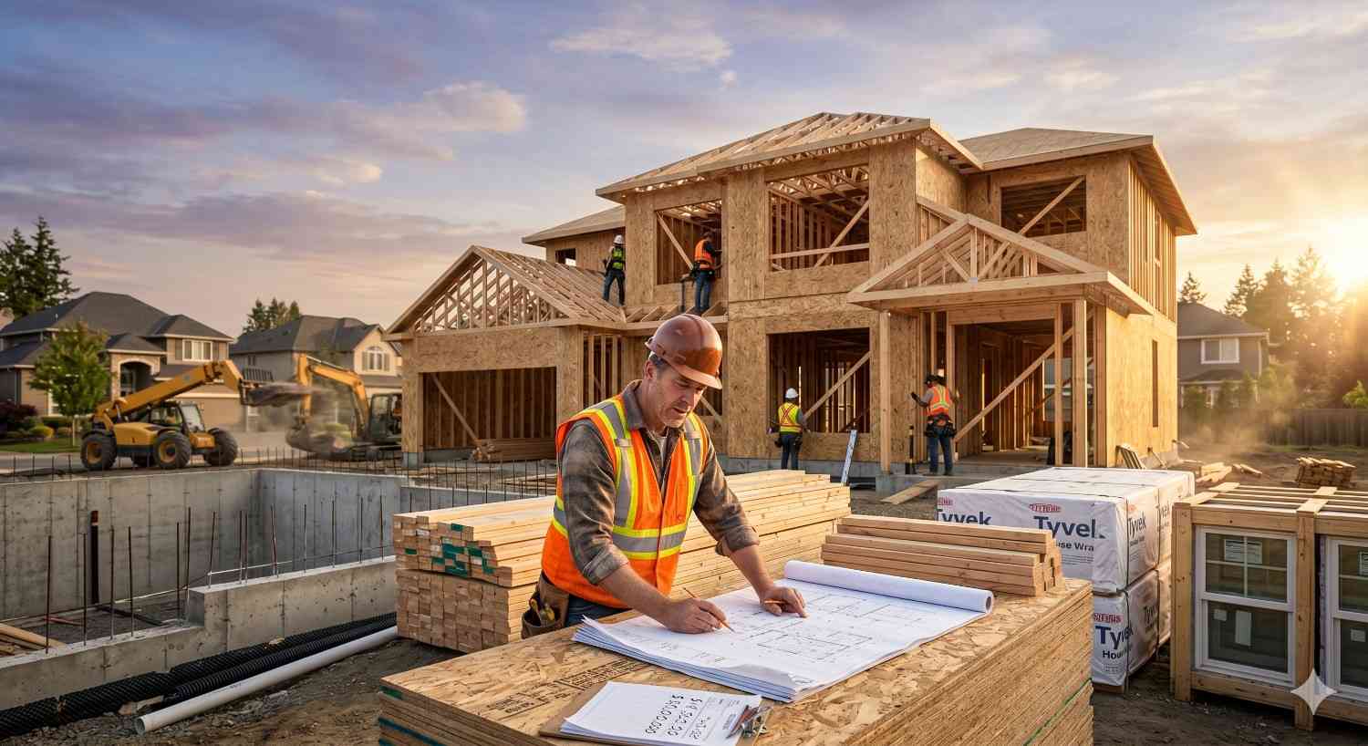 Construction supervisor reviews blueprints at a residential building site while workers frame a large two-story house. Lumber stacks, heavy equipment, and unfinished structures surround the active home construction project at sunset.