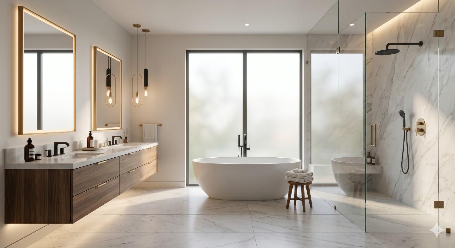 Modern luxury bathroom with a freestanding bathtub, floating wood vanity, illuminated mirrors, and a glass walk-in shower. Marble surfaces, minimalist fixtures, and soft lighting create a clean, spa-like atmosphere.