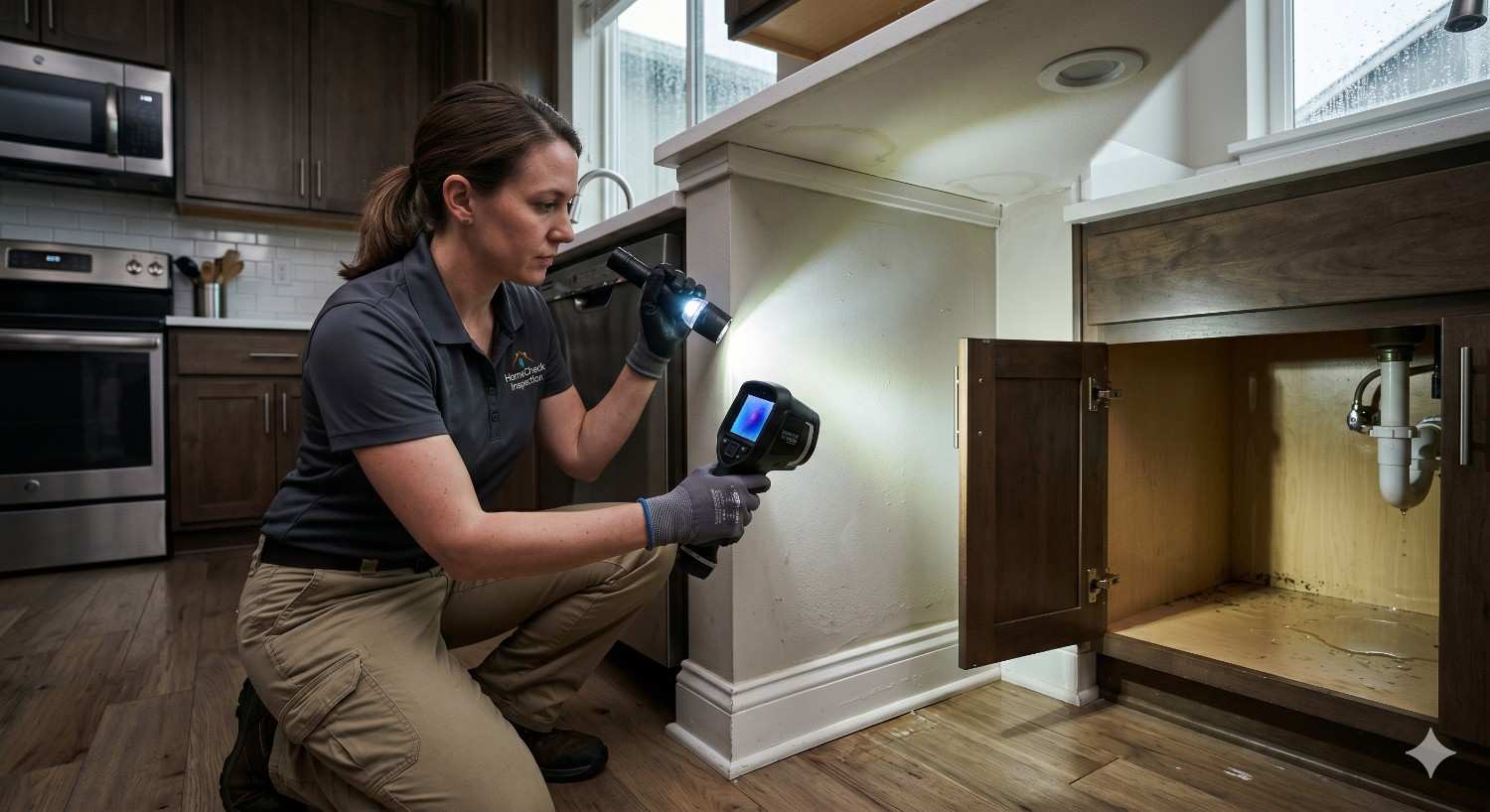 A restoration technician uses a thermal imaging camera and flashlight to inspect possible water damage and hidden moisture beneath a kitchen sink cabinet in a modern home.
